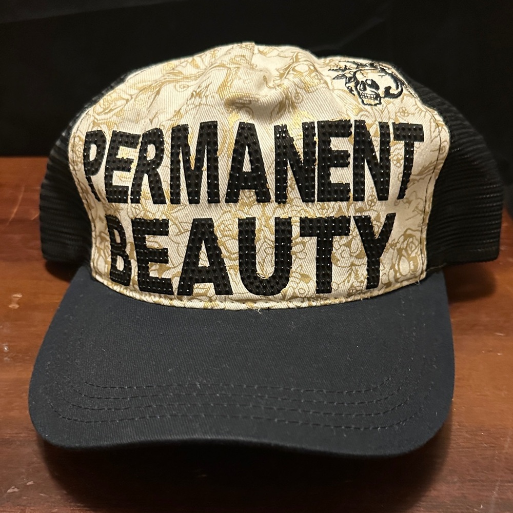 "PERMANENT BEAUTY" Embellished Trucker Hat